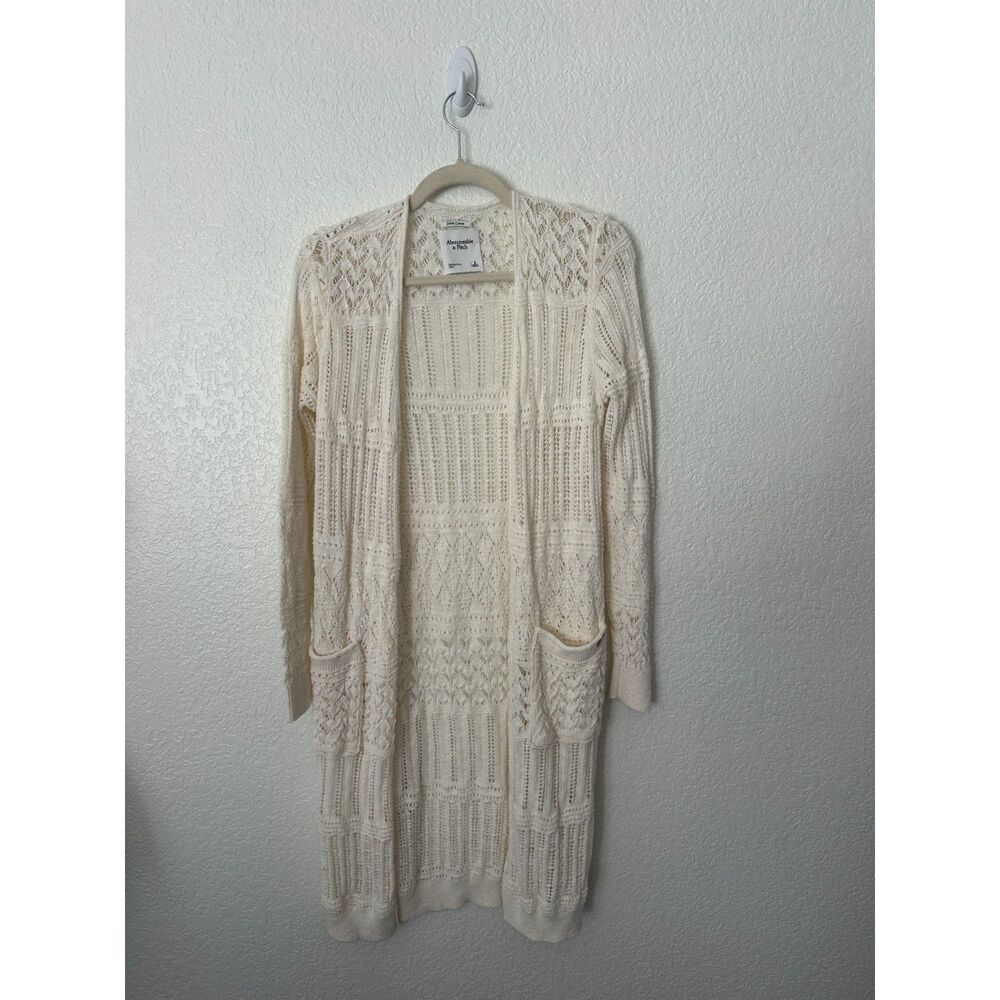 Abercrombie & Fitch Cream Open-Front Duster Cardigan Knit Crochet Size Small